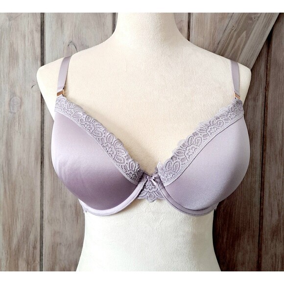 Aerie Real Power Plunge Push Up Bra 38D Light Purple Grey Lace Trim Sexy NWOT - Picture 2 of 16